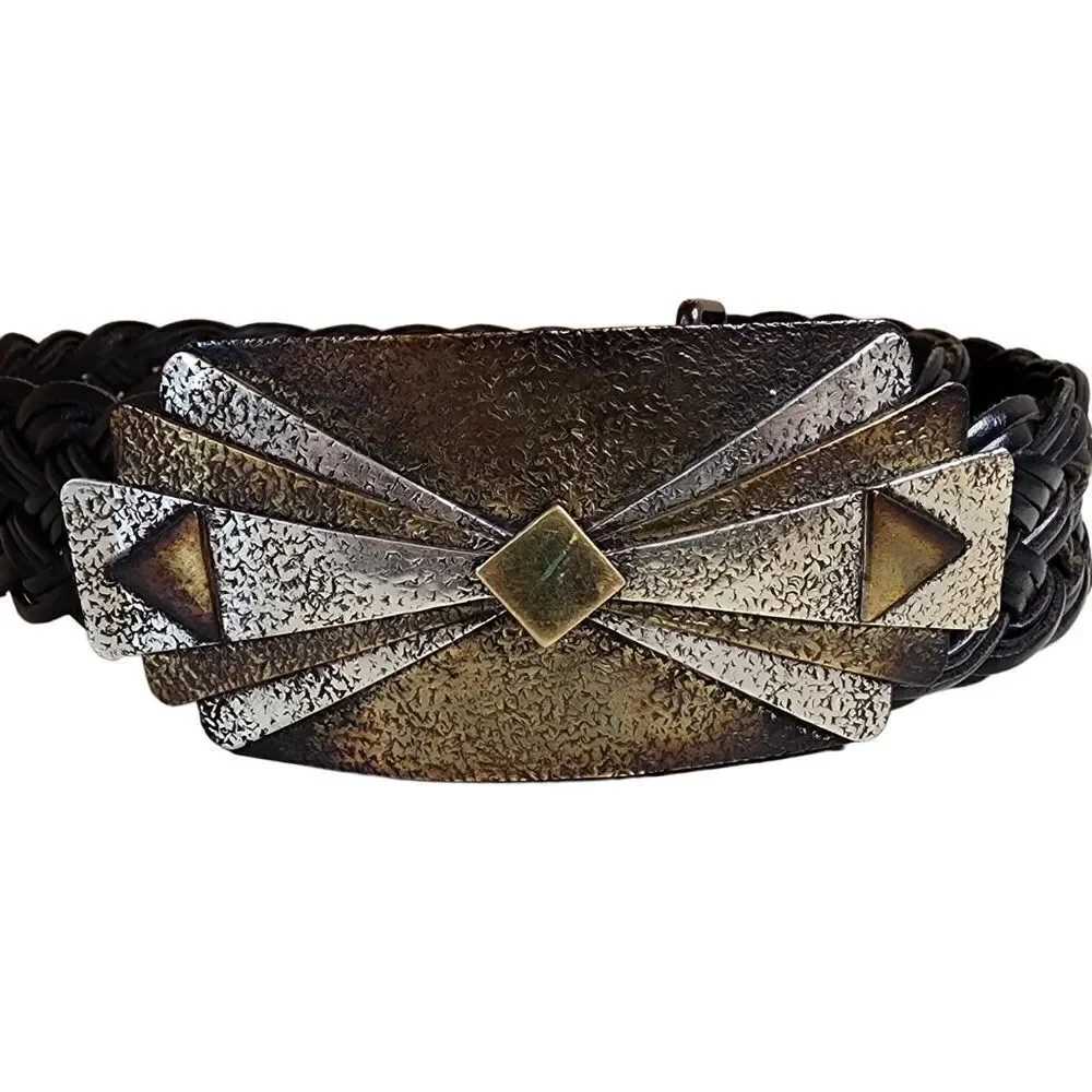 Chico’s- Black Braided Leather Ornate Rising Sun Big Buckle Medallion Belt, S/M